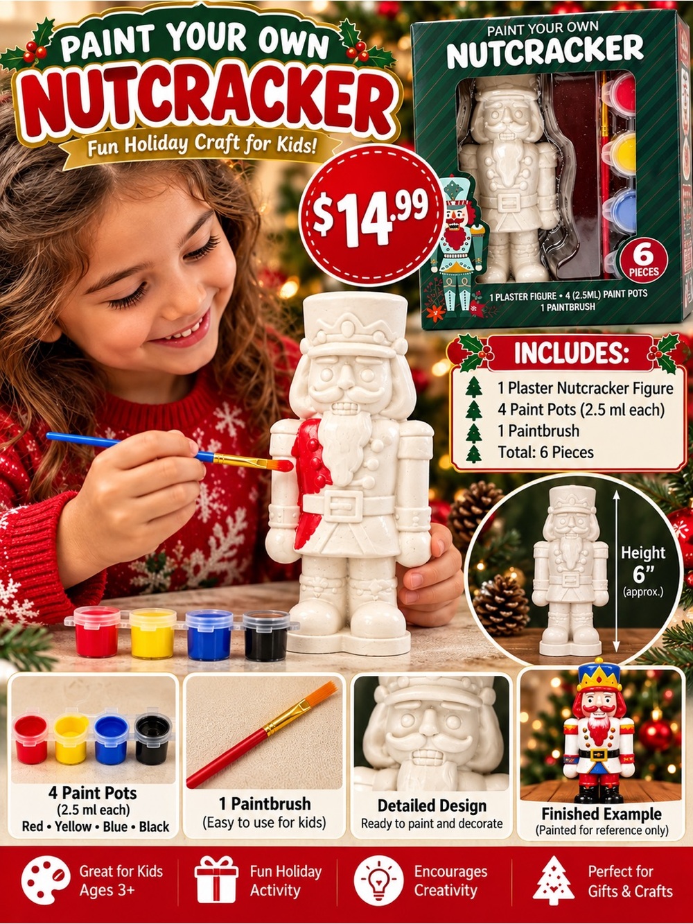 Paint Your Own Nutcracker Kids Craft Kit - White Nutcracker with Red Accent